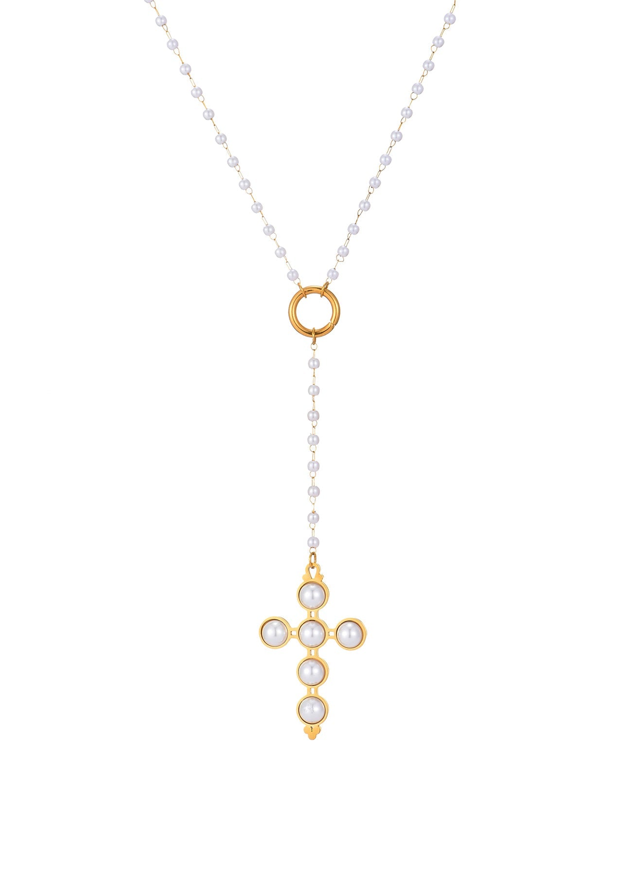 Marvin Pearl Cross Lariat Golden Necklace