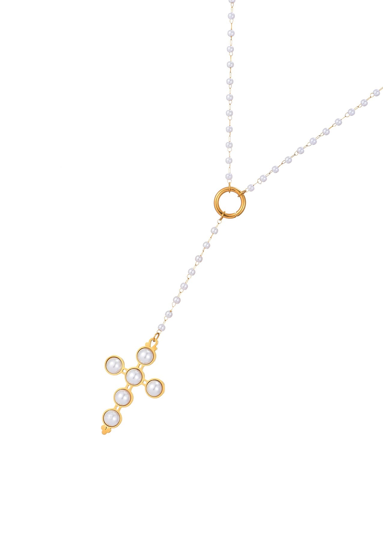Marvin Pearl Cross Lariat Golden Necklace