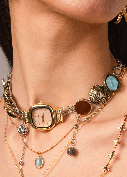 Guendalina Ocean O'Clock Vintage Uhr Goldene Choker Halskette