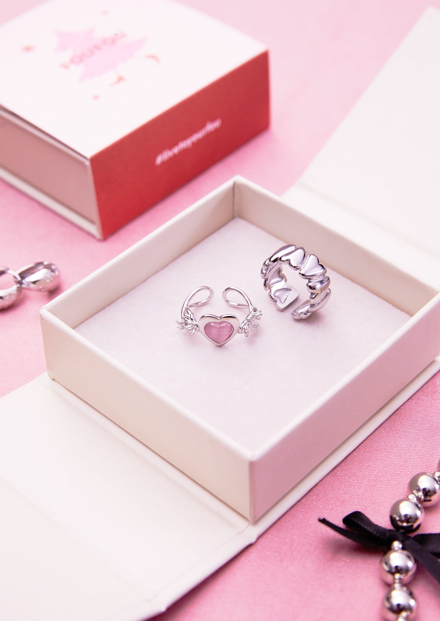 Anello Cyberlove in argento con cuore rosa