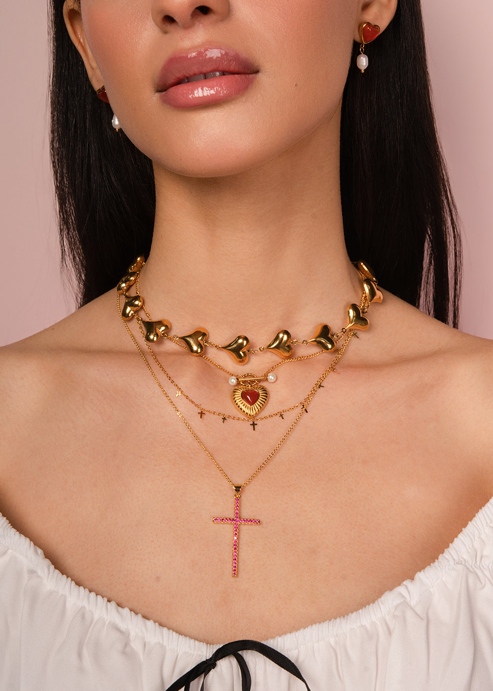 Charline Red Rose Fine Cross Golden Necklace