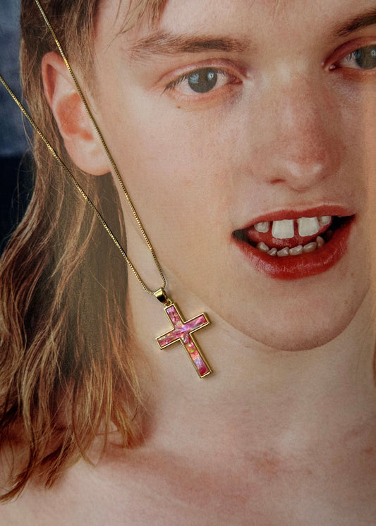 Linda Rose Pink Shell Cross Summer Golden Necklace