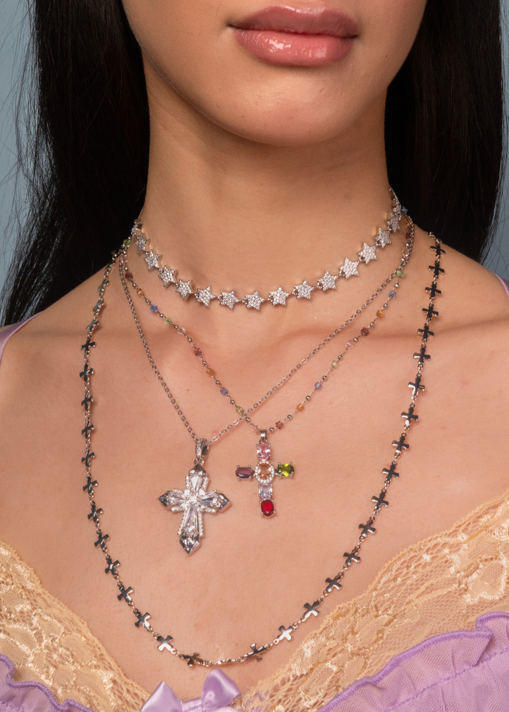 Mavis Crystal Silver Cross Necklace