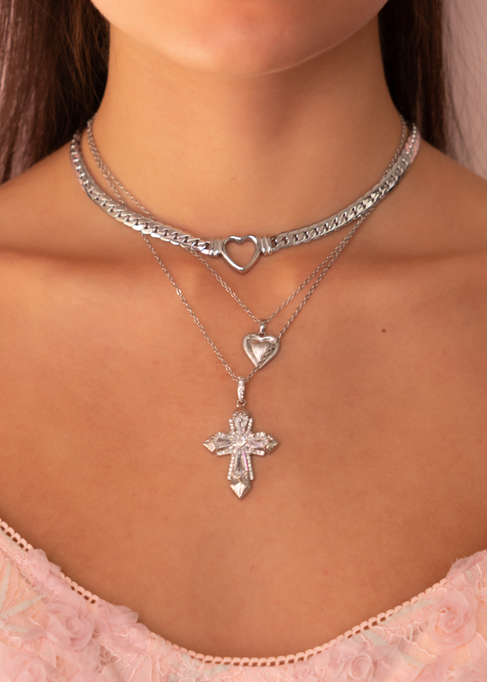 Mavis Crystal Silver Cross Necklace