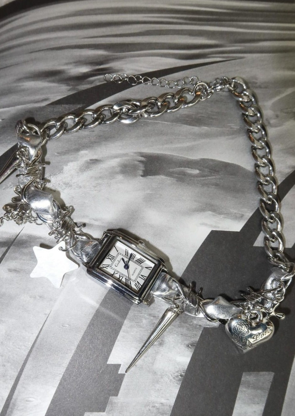 Midnight O'Clock Y2k Grunge Silver Choker Necklace