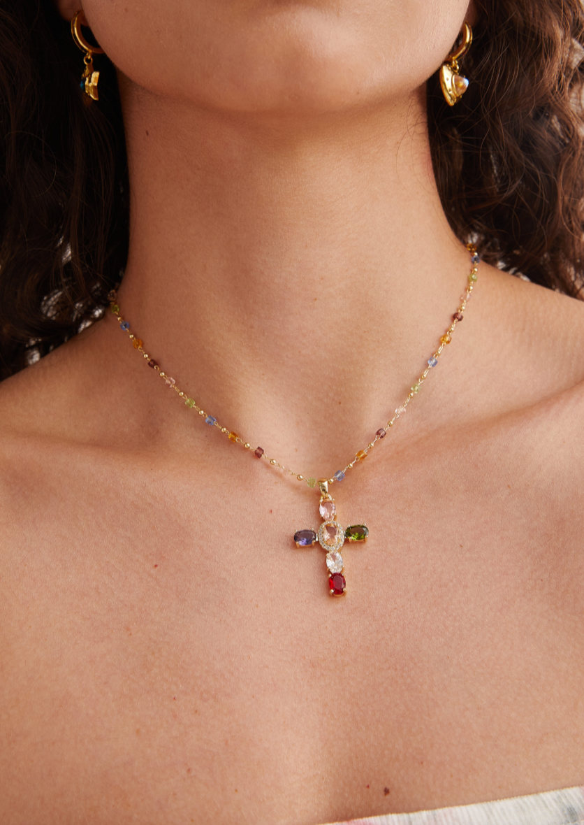 Geraldine Bunte Kristallkreuz-Goldkette