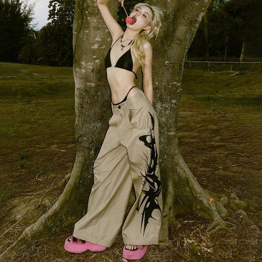 Abstract High Rise Button Pocket Contrast Straight Pant