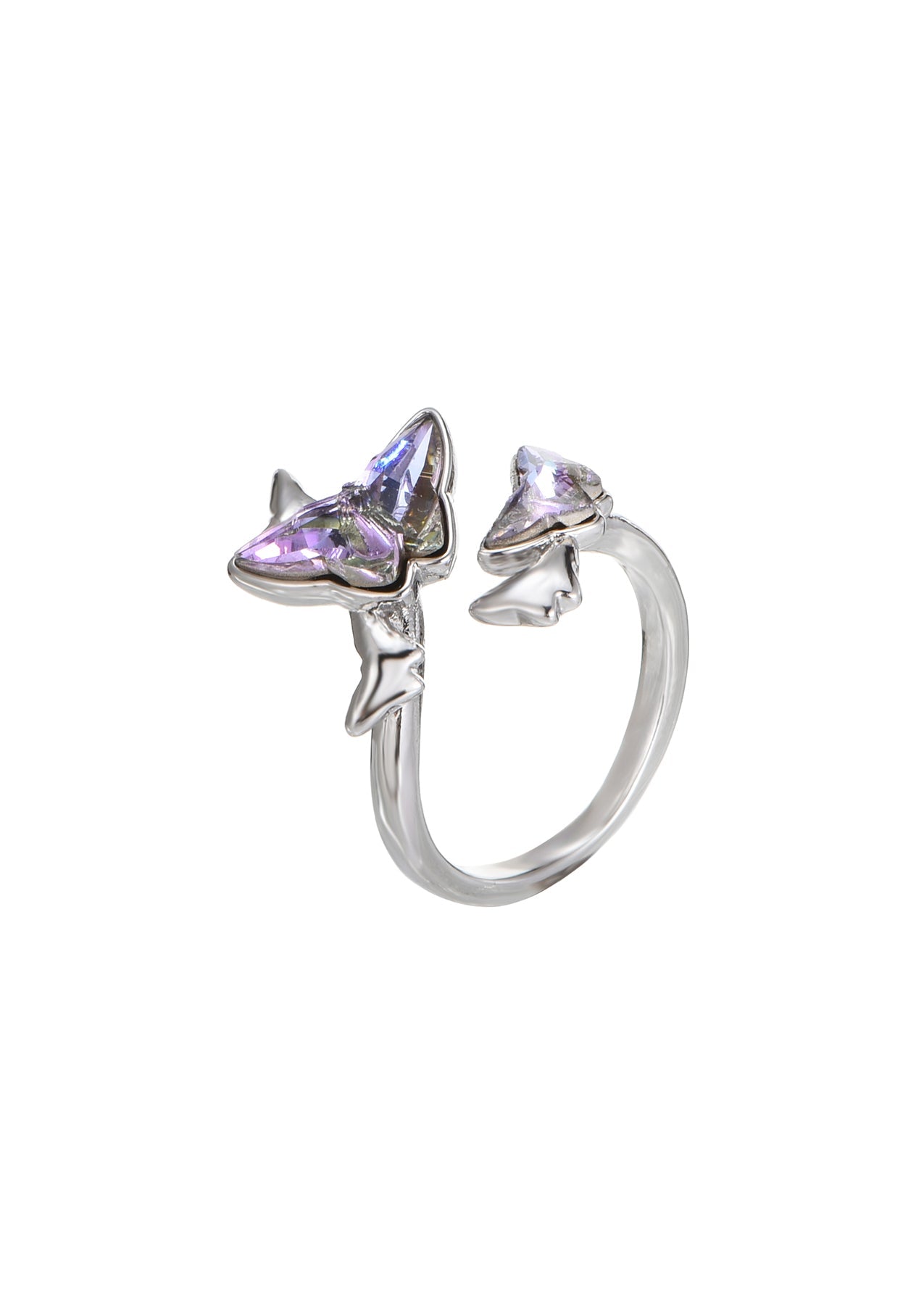 Anello regolabile in argento con farfalla viola in cristallo