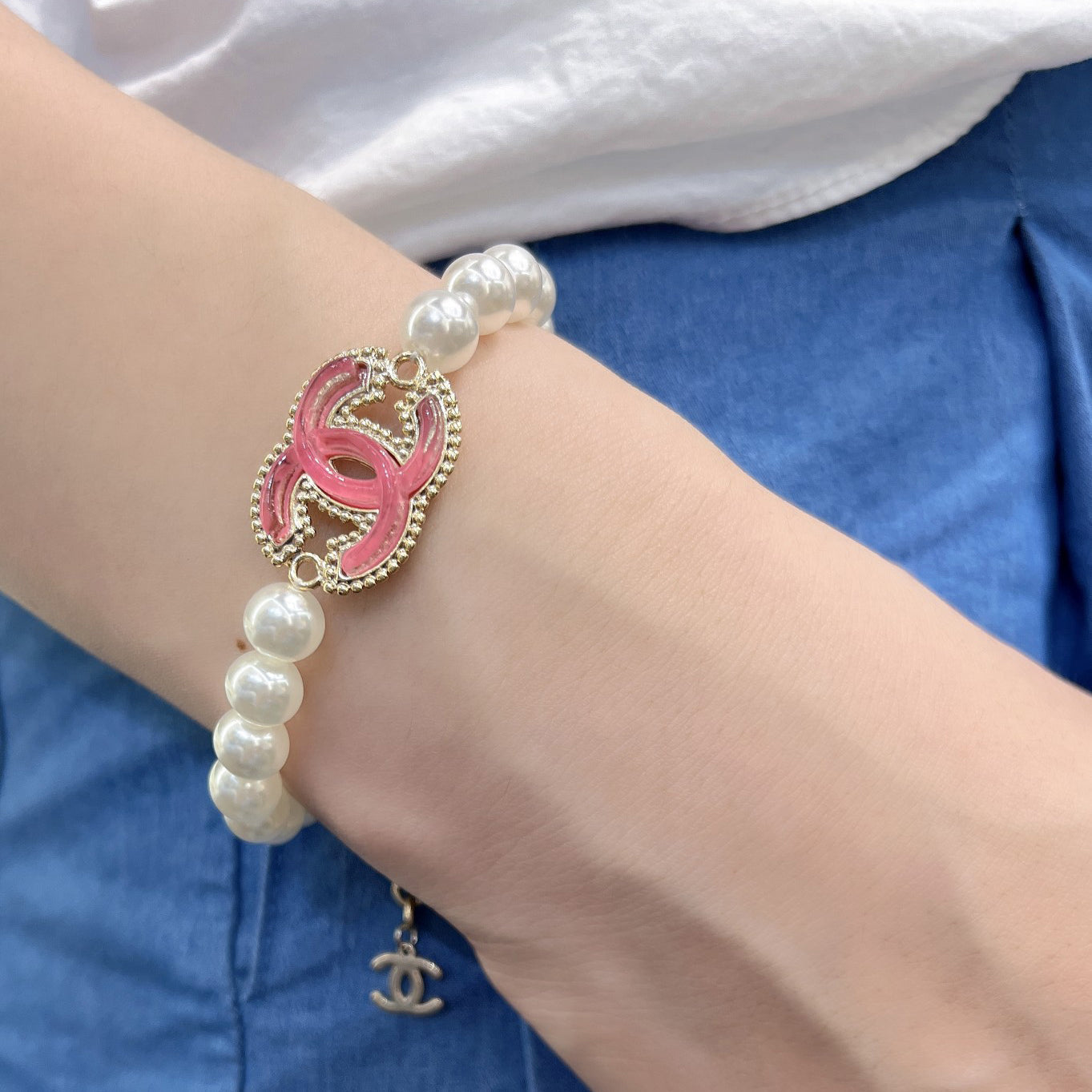 Pink Enamel Pearl Bracelet