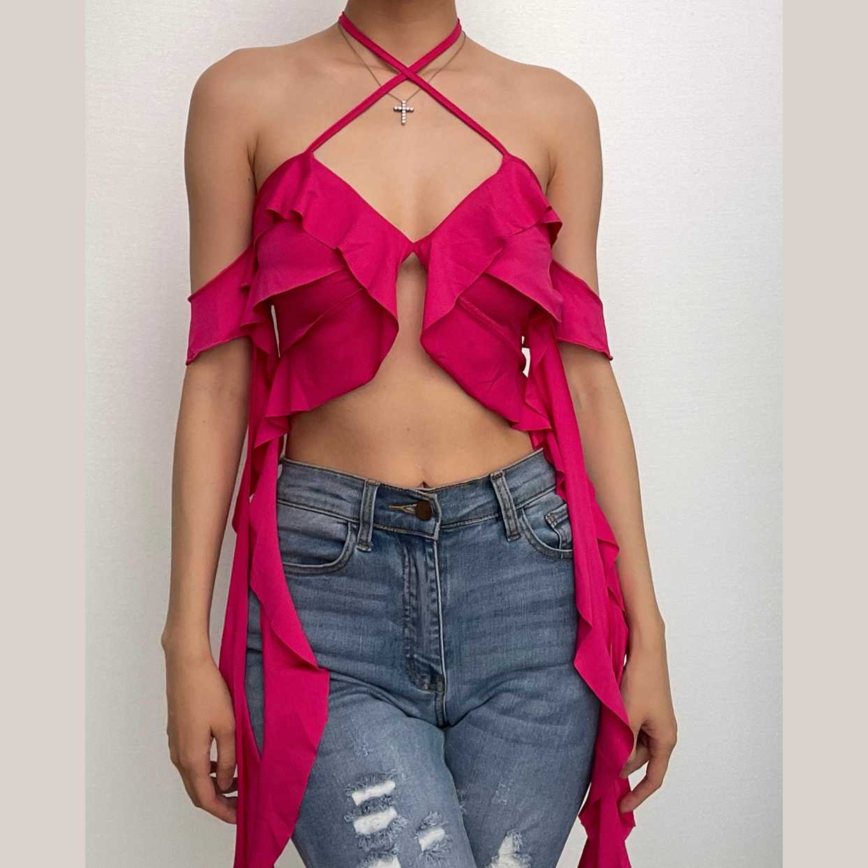 Rückenfreies Crop-Top mit Neckholder und Rüschen, V-Ausschnitt und Schleife