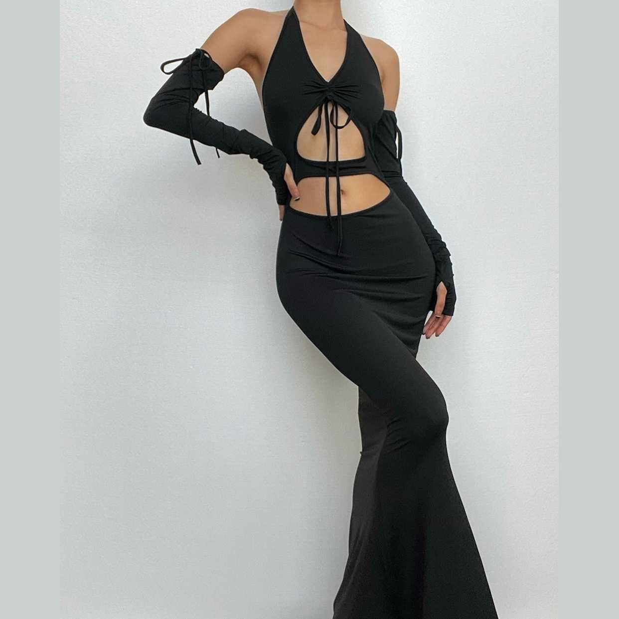 Maxikleid zum Selbstbinden mit ausgehöhlten Neckholder-Handschuhen