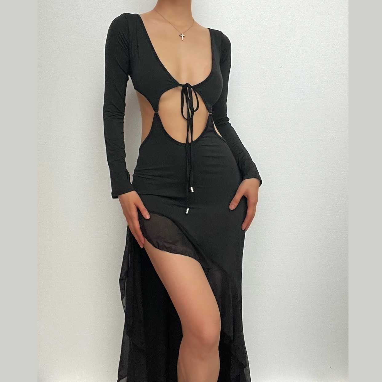 Solid long sleeve hollow out slit ruffle self tie irregular midi dress