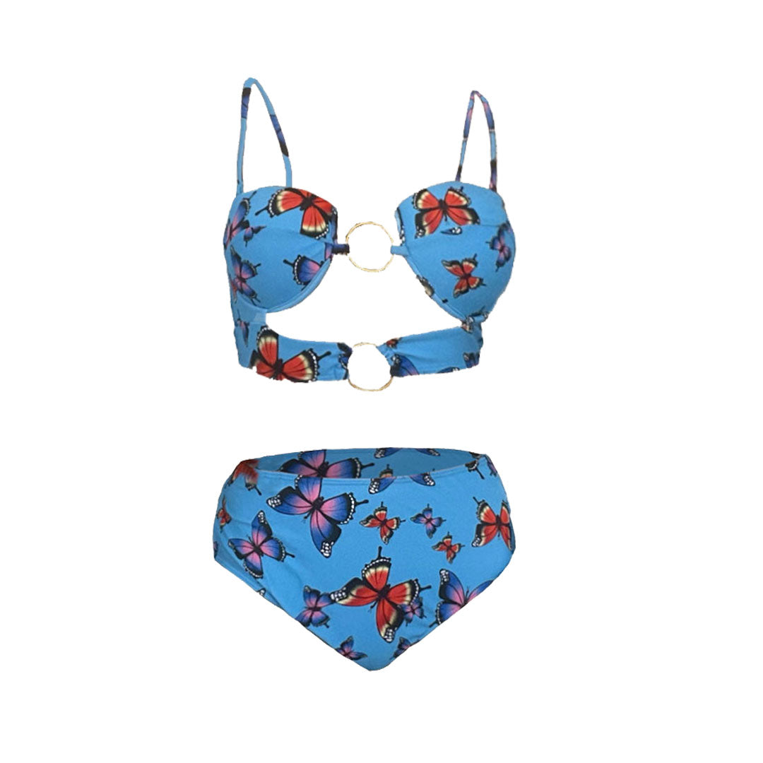 Costume da bagno bikini imbottito con canotta traforata e motivo a farfalla