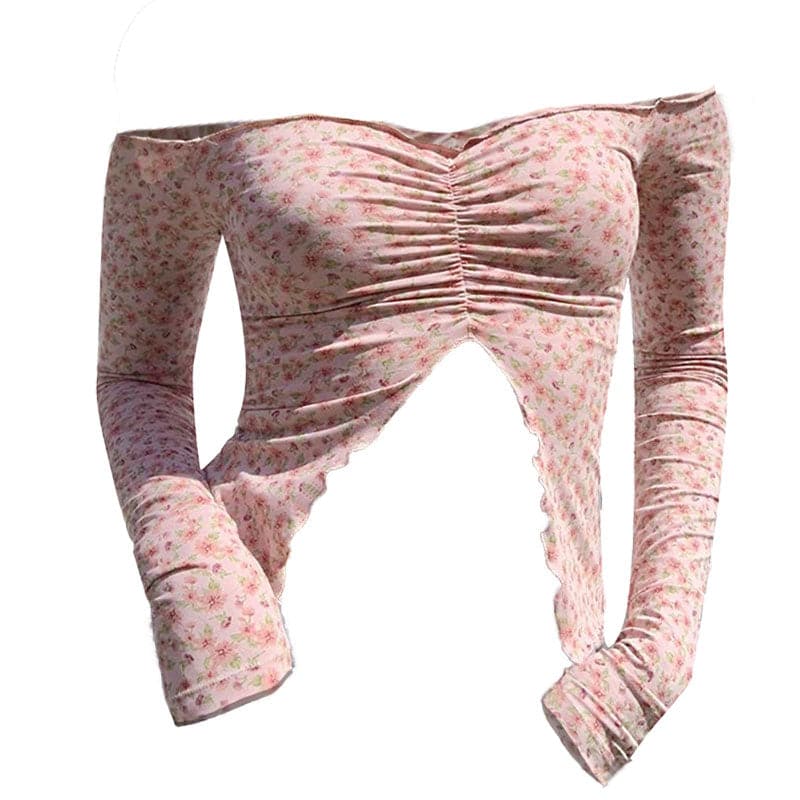Langärmliges, schulterfreies Crop-Top mit Schlitz und Blumenmuster