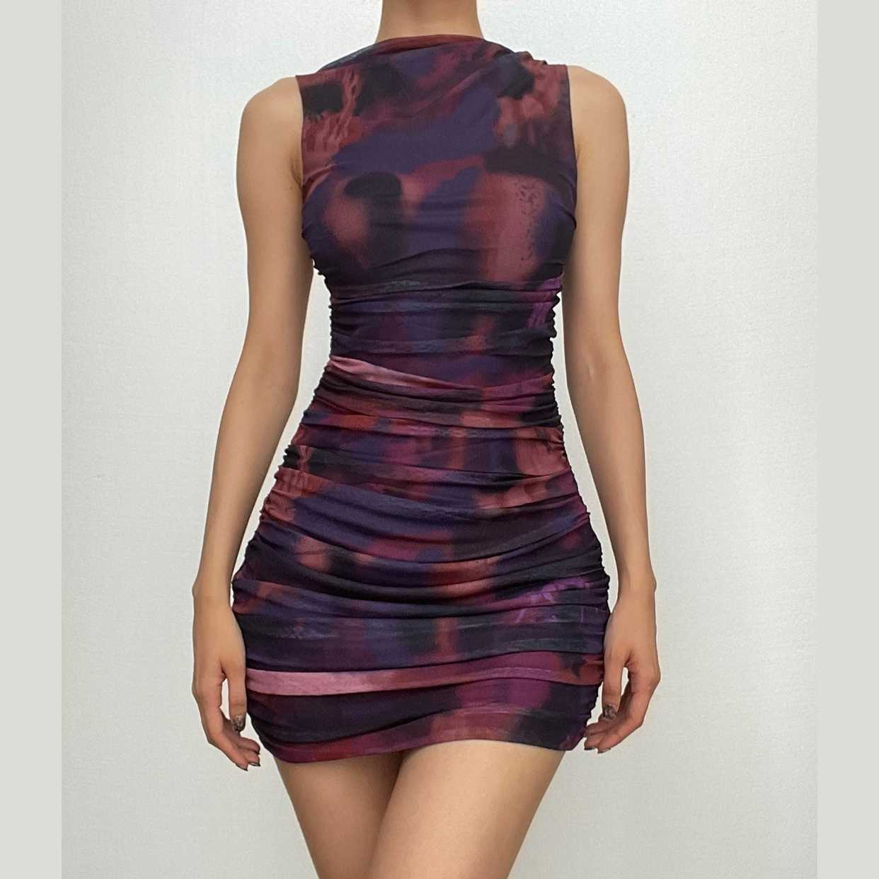 Ruched tie dye sleeveless crewneck mesh mini dress