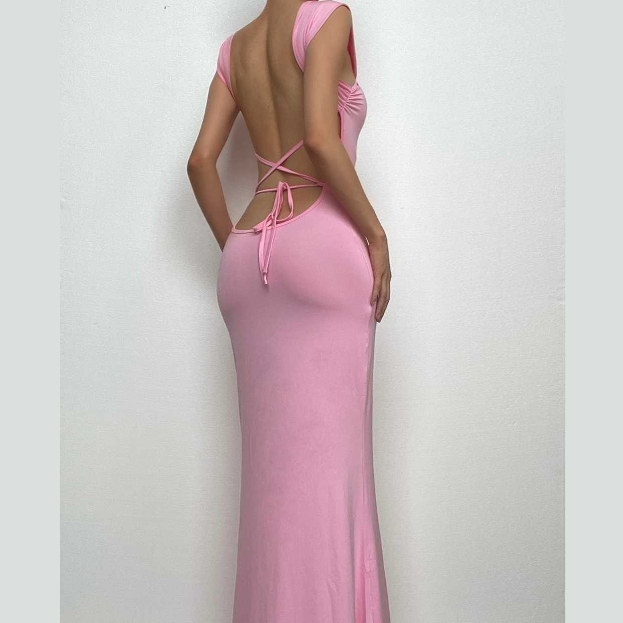 Rückenfreies, ärmelloses, einfarbiges Maxikleid zum Schnüren und Binden