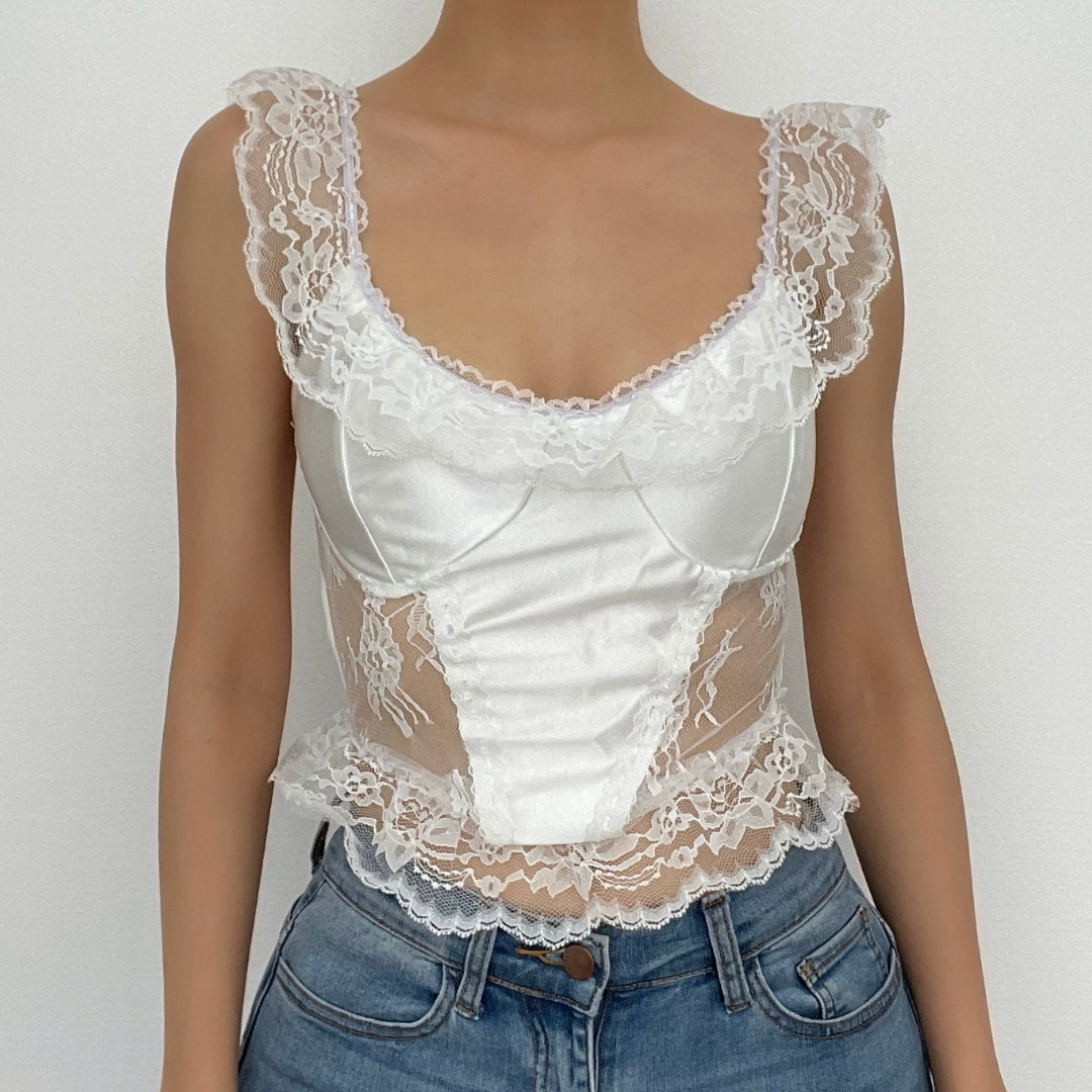 Cap sleeve satin lace hem low cut ruffle top - Final Sale