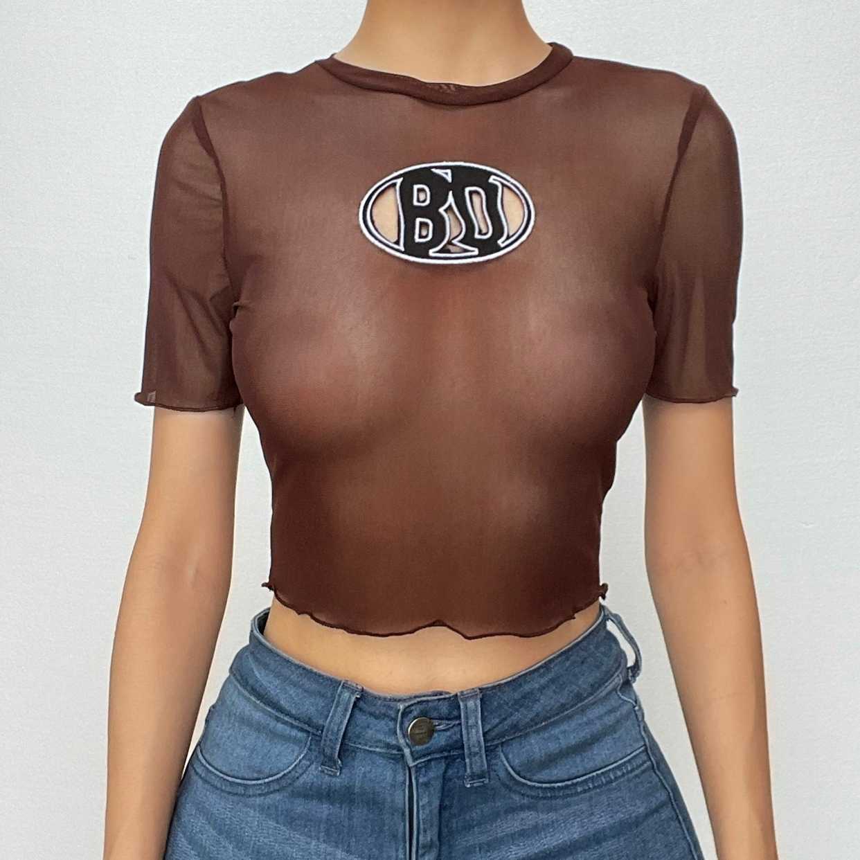 Short sleeve sheer mesh see through ruffle embroidery crop top