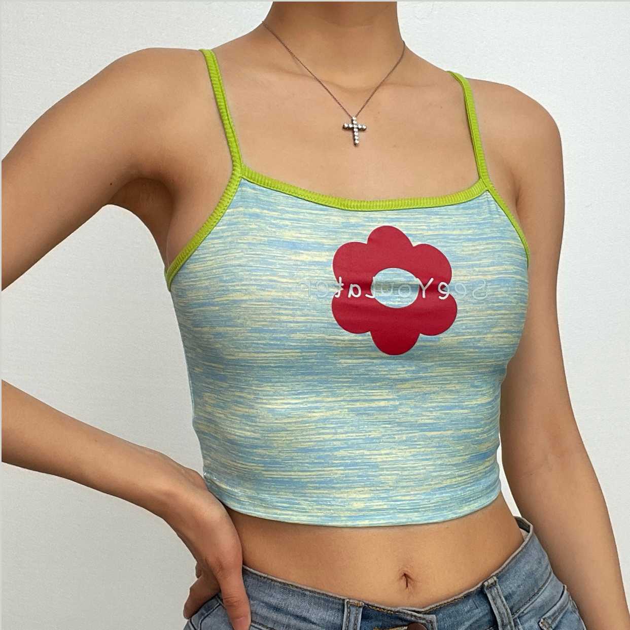 Top corto con scollo quadrato a contrasto e motivo floreale