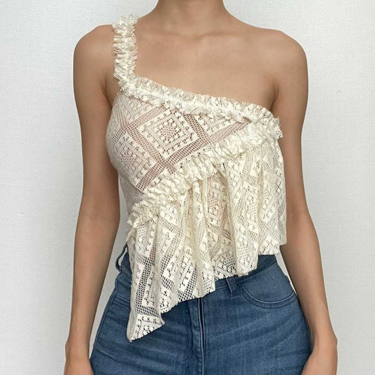 Halter irregular lace backless see through ruffle solid top