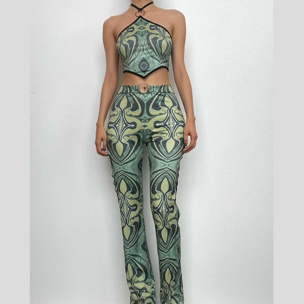Halter o ring hollow out backless contrast print pant set