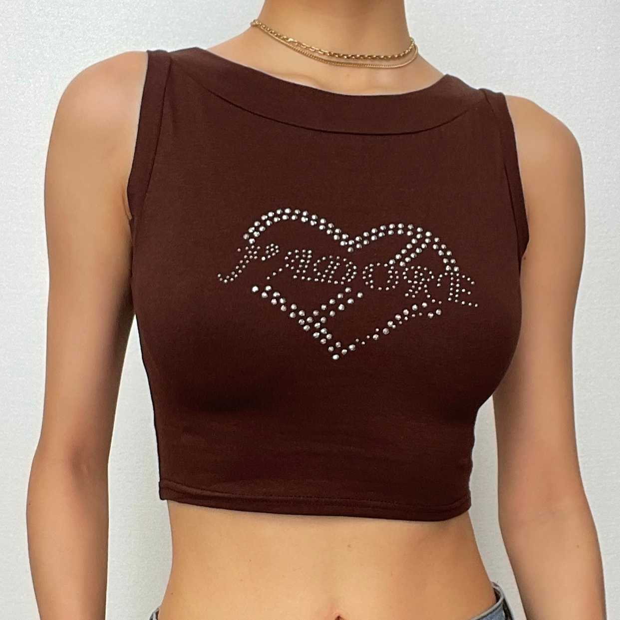 Ärmelloses Crop-Top mit Rundhalsausschnitt und Perlen in Kontrastfarbe