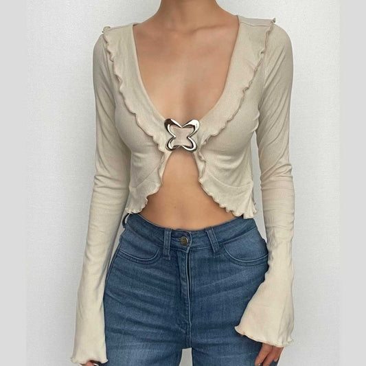Flared sleeve v neck ruffle buckle ribbed solid crop top