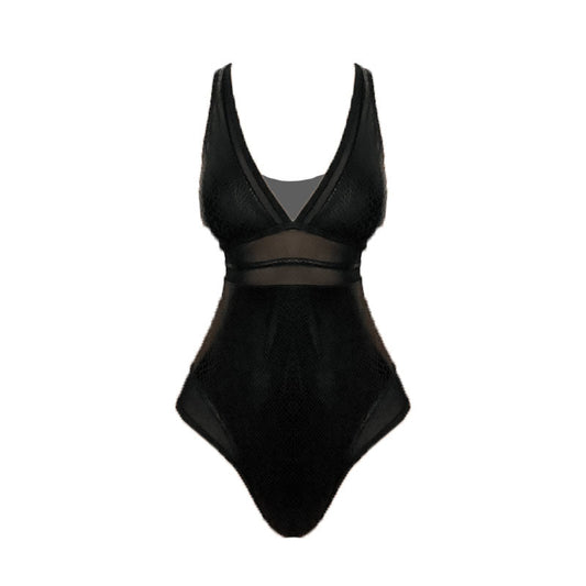 Costume da bagno intero in rete con stampa serpente e scollo a V