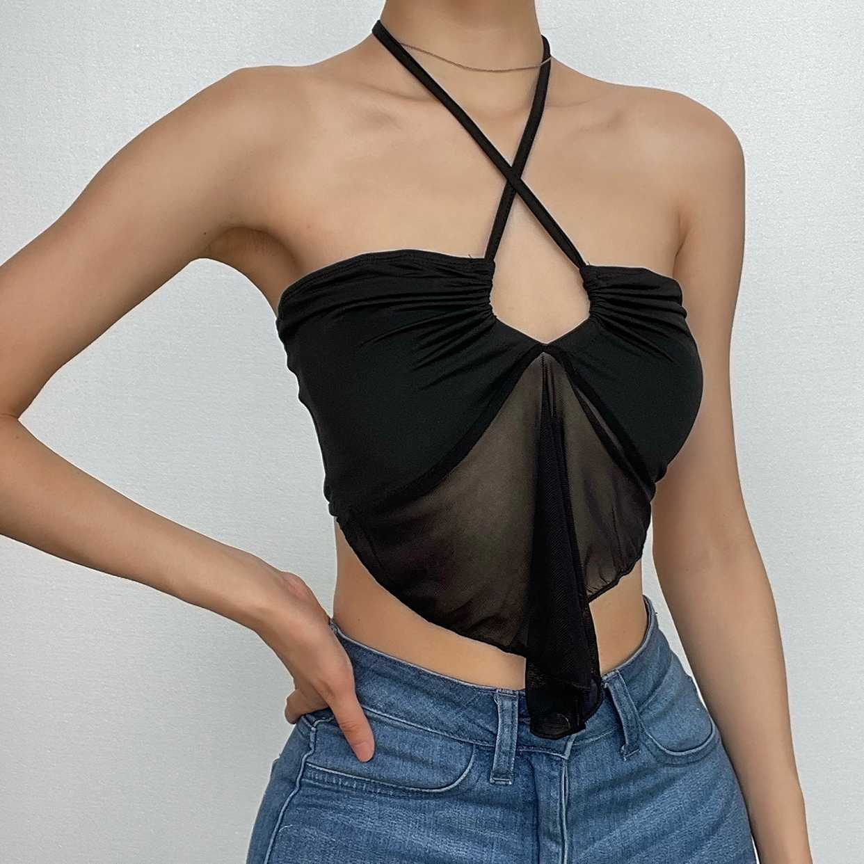 Top corto con volant, schiena nuda, coulisse e collo all'americana in rete patchwork