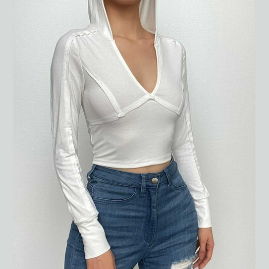 Long sleeve v neck stitch hoodie solid crop top