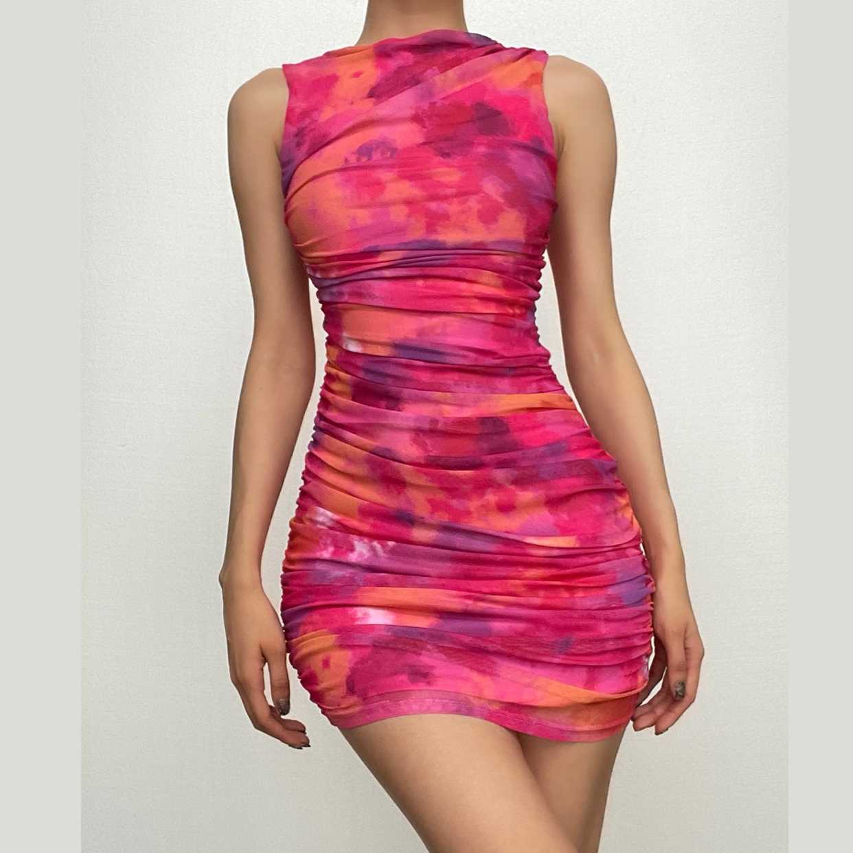 Ruched tie dye sleeveless crewneck mesh mini dress