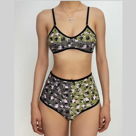 Flower print contrast v neck 2-way cami 3 piece swimwear