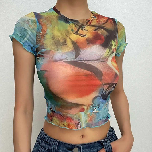Crop Top mit abstraktem Print und Kontrast-Print, kurzen Ärmeln, Rüschen und Rundhalsausschnitt
