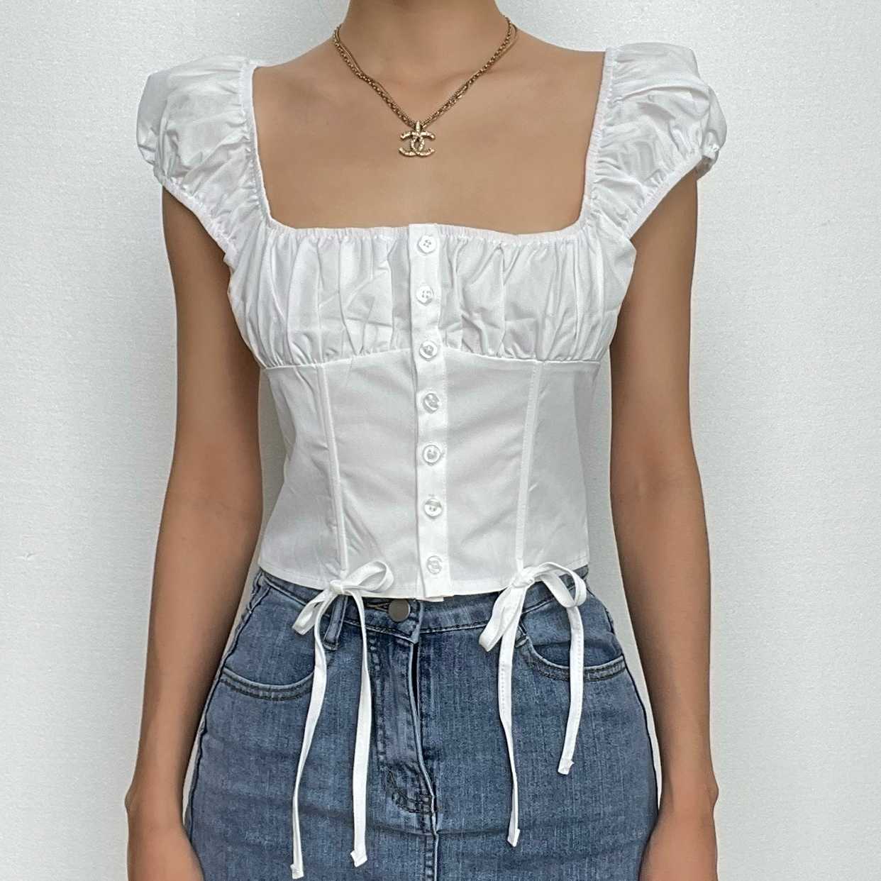 Button cap sleeve solid ruched square neck crop top