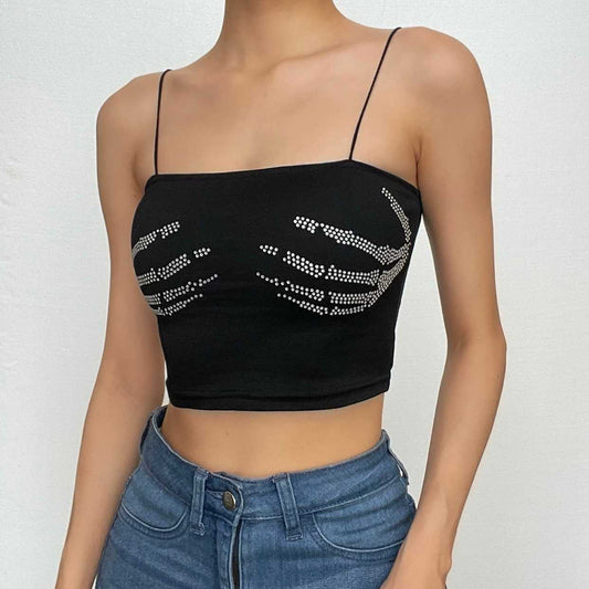 Beaded square neck backless palm pattern crop top