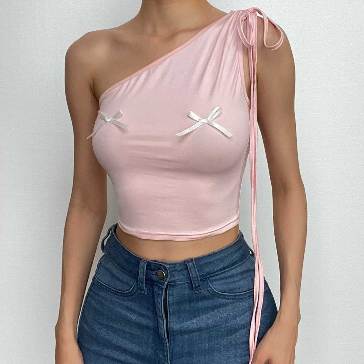 Top corto monospalla con coulisse e fiocco arricciato