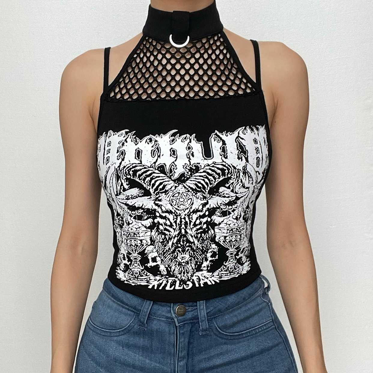 Neckholder-Crop-Top aus Netzstoff mit abstrakten Knöpfen und Kontrast
