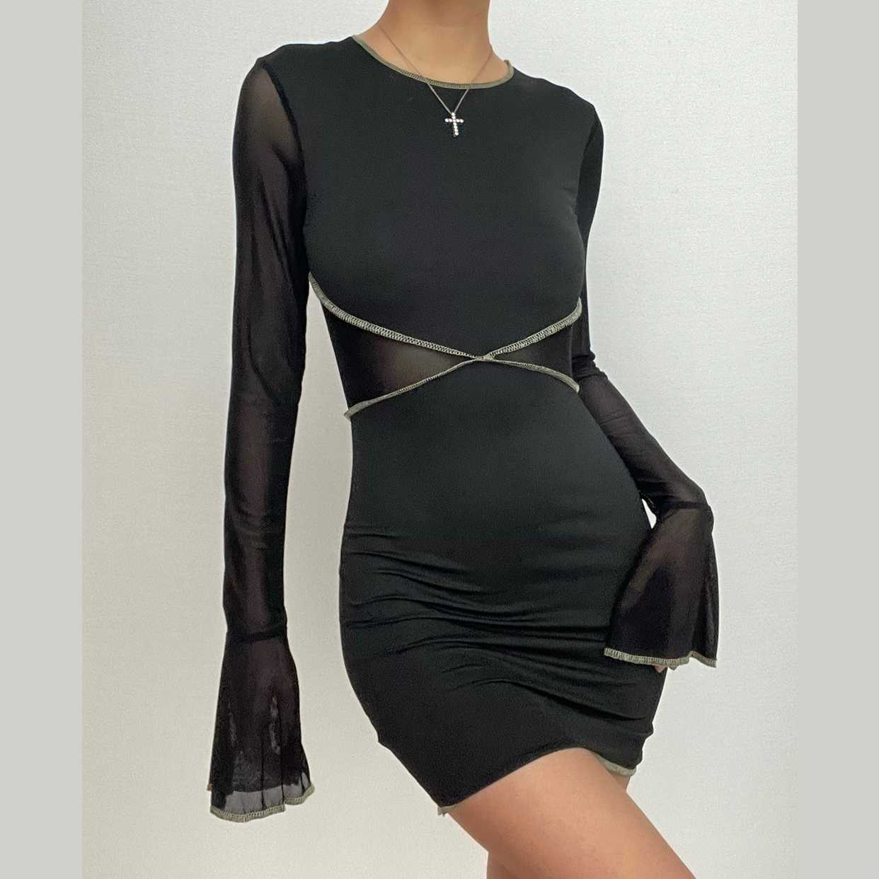 Stitch mesh flared sleeve contrast patchwork mini dress