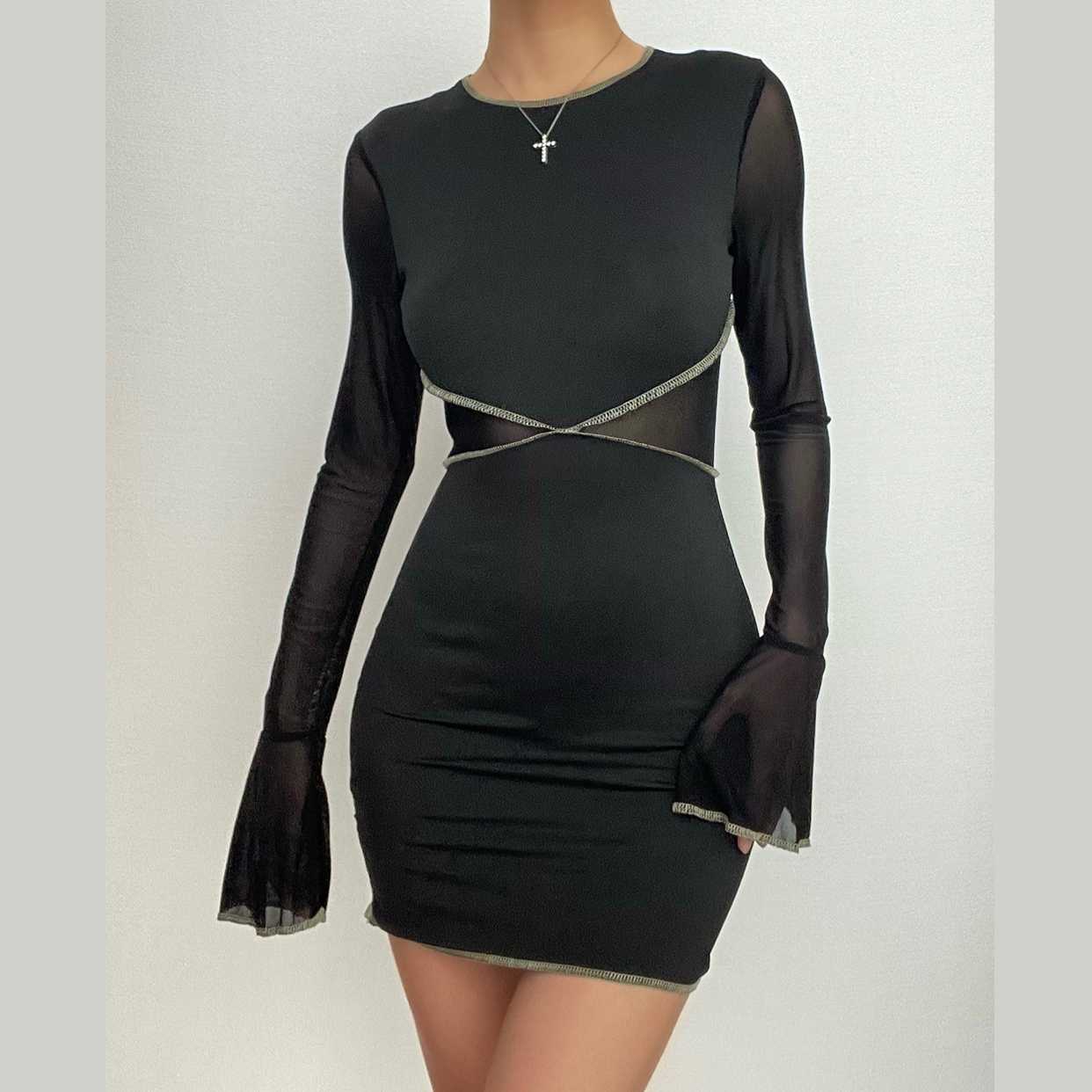 Stitch mesh flared sleeve contrast patchwork mini dress