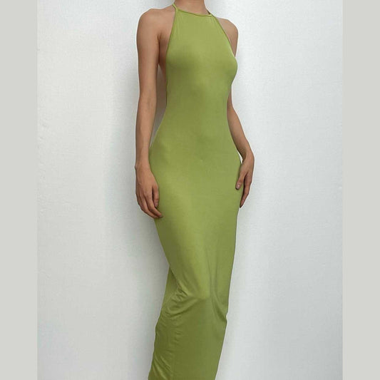 Backless solid ruched self tie halter maxi dress
