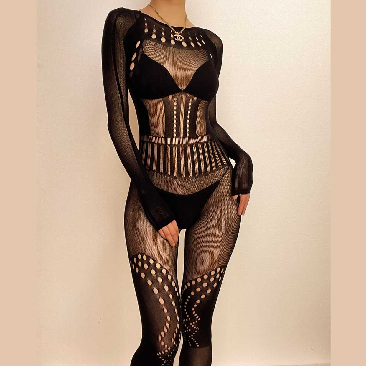 Fishnet long sleeve hollow out backless solid see through jumpsuit