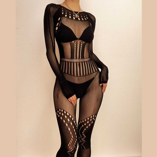 Netz-Overall mit langen Ärmeln, ausgehöhlt, rückenfrei, einfarbig, durchsichtig