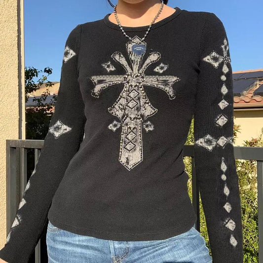 “Cross” 2000s Fitted Long Sleeve Rib Top