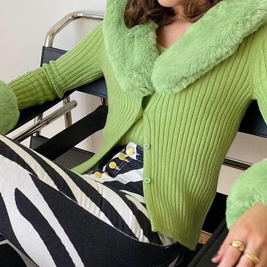 “Erika” Vintage Furry Cardigan In Green