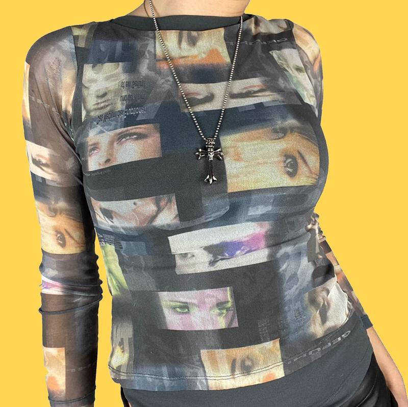„Eyes On Me“ Y2K-Mesh-Print-Top