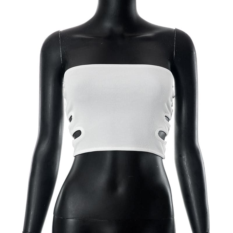 Hollow out backless solid ribbed tube crop top