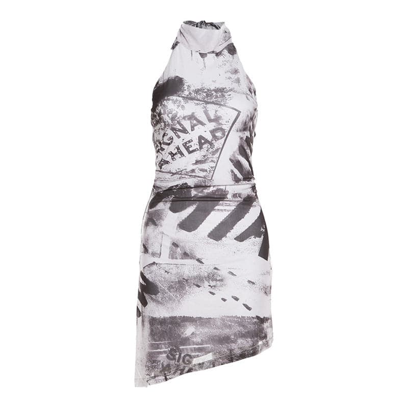 Rückenfreies Neckholder-Minikleid mit unregelmäßigem Selbstschnüren und Kontrastdruck