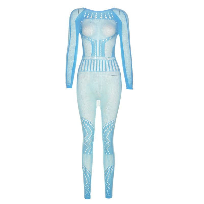 Fishnet long sleeve hollow out backless solid see through jumpsuit