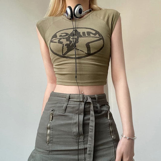 Star pattern cap sleeve contrast crewneck crop top