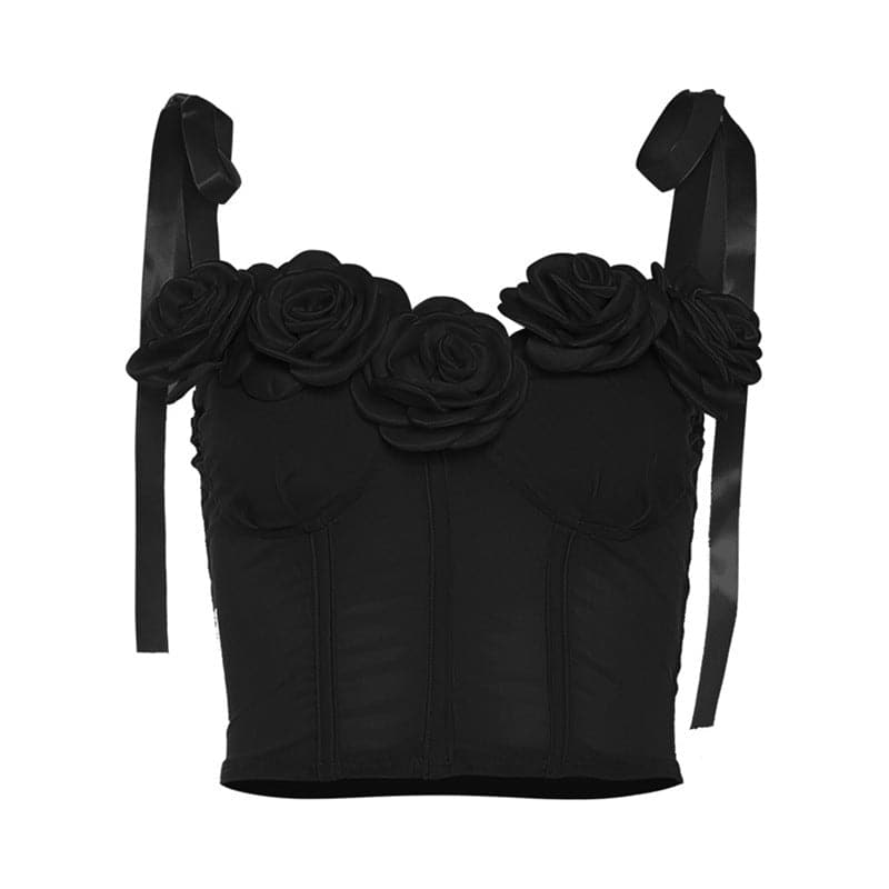Top corto bustier con schiena scoperta e applicazione di fiori in rete